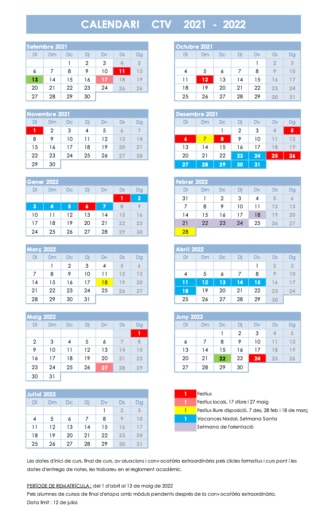 Calendari escolar CTV curs 2021-2022